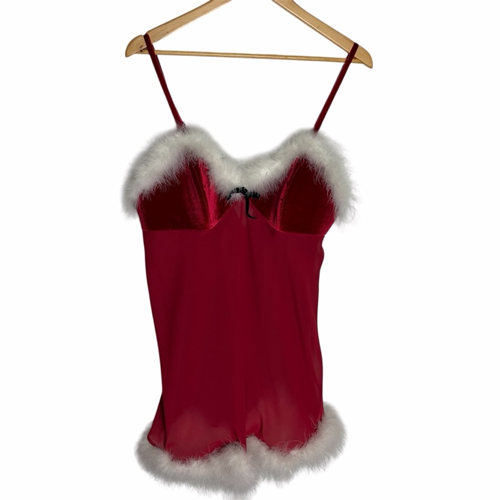 Red velvet/ velour with white feather trim baby doll lingerie teddy nighty